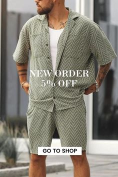 Men's Fashion Loose Geometric Print Shirt Shorts Two-Piece Set Casual Patterned Printed Sets, Casual Printed Collared Set, Casual Patterned Sets For Spring, Summer Collared Sets With Pockets, Collared Summer Sets With Pockets, Casual Beach Sets, Long Sleeve Shirt With Geometric Pattern For Summer, Casual Collared Beach Sets, Fitted Patterned Sets For Summer