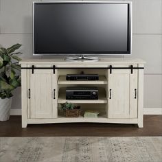 a flat screen tv sitting on top of a wooden entertainment center next to a potted plant