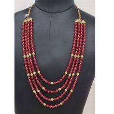 Gold Rodium Polish Red and Maroon color Groom Necklace in Metal Alloy studded with Beads Red Pearl Chain Necklace For Party, Red Beaded Chain Necklace For Wedding, Festive Red Pearl Chain Jewelry, Red Kundan Necklace With Round Beads For Party, Red Kundan Necklace With Round Beads For Celebration, Red Long Necklace For Festive Occasions, Festive Red Faceted Beads Jewelry, Festive Red Bridal Necklace With Polished Beads, Red Necklaces With Gold Beads For Wedding