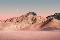 the mountains are covered in pink and purple hues as the moon rises over them