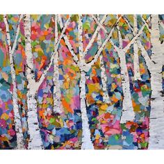 an abstract painting of white birch trees with multicolored leaves