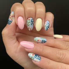 found a cute coat off pinterest and turned it into nails 😍💐 | Instagram Cute Nails Pastel, Patchwork Nails, Colorful Nail, Simple Gel Nails, Summery Nails, Classy Acrylic Nails, Nail Jewelry