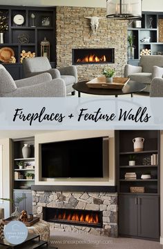 fireplaces and feature walls in the living room with text overlay that reads fireplaces and feature walls