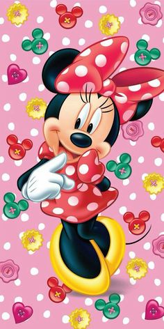 the cartoon character minnie mouse is surrounded by hearts and flowers on a pink background with white dots