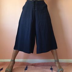 Get Your Feet Wet In These Denim Linen Wide Leg Culotte Pants By Astr The Label. Features A High Waist, Black Suede Lace Up, Invisible Back Zip Closure, Wide Leg Silhouette In Dark Denim. Wear With A Little Crop And Sandals. New Without Tags. Fits True To Size Medium. No Returns Allowed. Please Ask All Questions Before Buying. Ig: [At] Jacqueline.Pak #Astrthelabel Casual Black Cotton Culottes, Black Cotton Casual Culottes, Black Wide-leg Denim Bottoms, Black Denim Wide-leg Pants, Black Cropped Wide Leg Summer Pants, Black Cropped Wide Leg Pants For Summer, High Waist Dark Wash Bottoms For Day Out, Fitted Cotton Culottes Casual Style, Dark Wash Relaxed Fit Bottoms For Day Out