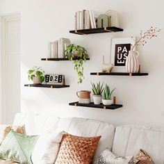 a living room filled with furniture and lots of shelves on the wall above it's headboard