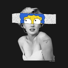 a woman wearing a paper mask with the simpsons face drawn on it's forehead