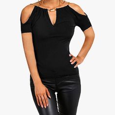 New Black Women’s Open Cold Shoulder Slim Fit Short Sleeve Tee Shirt With Gold Chain Accent Size M Casual V-neck Shirt For Night Out, Casual Solid Color Shirt For Night Out, Casual Solid Shirt For Night Out, Trendy Black V-neck Shirt, Chic Black T-shirt For Night Out, Chic Black Stretch Shirt, Chic Stretch Black Shirt, Trendy Black Short Sleeve Blouse, Casual Solid Color Party Tops