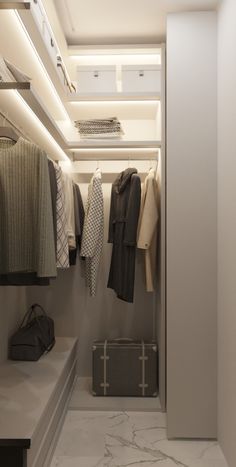 a walk in closet with clothes and luggage