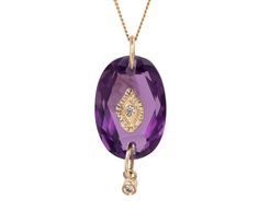 Perfectly balancing a French bohemian vibe with an earthy palette and hint of sparkle, Pascale Monvoisin has created a necklace you can wear solo or layer with your favorites. Hanging from the center of the 9K yellow gold chain is a hand faceted deep purple amethyst pendant set with tiny inlaid shimmering diamond and bezel set diamond dangle. total chain length : adjustable : 14 1/2" and 16"pendant : just over 3/4" lengthamethyst : 10mm x 15mm diamonds : 1mm diameter each9K yellow gold spring ri Luxury Yellow Gold Amethyst Necklace, Fusion Style Necklaces With Gemstone Accents, Yellow Gold Necklaces With Gemstone Accents, Yellow Gold Necklace With Gemstone Accents, 14k Yellow Gold Necklace With Gemstone Accents, Spiritual Yellow Gold Necklace With Gemstone Accents, Spiritual Yellow Gold Necklaces With Gemstone Accents, Fusion Yellow Gold Necklaces With Gemstone Accents, Yellow Gold Fusion Necklaces With Gemstone Accents