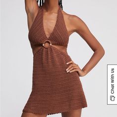 Never Worn Brand New! Crochet Dress From Pacsun, Kendall And Kylie Line Cute Summer Dress Fitted Halter Neck Sundress For Beach Cover-up, Fitted Halter Neck Sundress For Beach, Fitted Halter Neck Beach Dress For Brunch, Fitted Halter Neck Beach Dress For Day Out, Brown Sleeveless Halter Dress For Beach, Sleeveless Brown Halter Dress For Beach, Brown Halter Neck Dress For Summer, Brown Summer Sundress For The Beach, Brown Sundress For Summer Beach