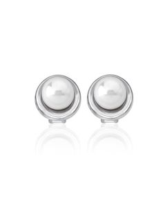 Sterling Silver Rhodium Plated Omega Short Earrings featuring a 10mm Round Flat White Pearl from the Margot Collection with a 1.45cm Post Clasp. Classic White Gold Clip-on Earrings With Polished Finish, Classic Round Hypoallergenic Clip-on Earrings, Classic Round Clip-on Earrings With Polished Finish, Round Pearl Earrings With Polished Finish For Anniversary, Anniversary Pearl Earrings With Polished Finish, Classic Hypoallergenic Round Clip-on Earrings, White Classic Jewelry With Screw Back, White Gold Clip-on Earrings With Polished Finish For Gift, Classic White Screw Back Jewelry