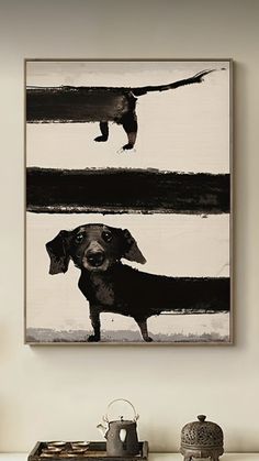 a black and white painting of a dachshund dog