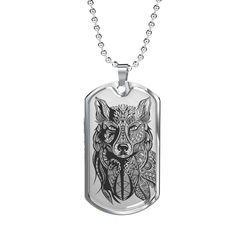 "This Wolf Necklace Will Exceed Your Highest Expectations! ➜ Our patent-pending jewelry is made of high quality surgical steel with a shatterproof liquid glass coating and 18k gold finish option. ➜ Our jewelry is hand-made in the U.S.A. This Wolf Necklace Is the Perfect Gift! Whether for Yourself or a Loved One. ➜ If the custom engraving option is available, engrave onto the back of the pendant your loved one's name, your wedding date, an anniversary, or anything else you want to remember and ke Symbolic Dog Tag Necklace As Gift, Symbolic Necklace For Father's Day Gift, Symbolic Engraved Dog Tag Jewelry, Symbolic Engraved Dog Tag Necklace, Nickel-free Dog Tag Necklace Gift, Silver Laser Engraved Dog Tag Necklace, Sterling Silver Wolf Design Necklace As Gift, Sterling Silver Wolf Design Jewelry Gift, Men Wolf Necklace