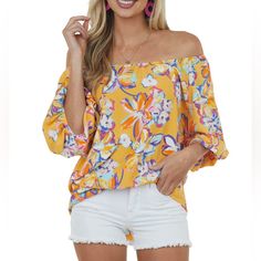 Amber Floral Print Off The Shoulder Puff Sleeve Blouse. Beautiful Flowy Fit, Straight Hem, No Lining, Elastic Off The Shoulder Neckline, Half Puff Sleeves. 100% Poly. Size M. Never Worn, Smoke Free Home. Yellow Puff Sleeve Top With Floral Print, Off-shoulder Blouse With Floral Print For Beach, Summer Floral Print Off-shoulder Top, Pink Off-shoulder Blouse With Floral Print, Off-shoulder Floral Print Summer Top, Off Shoulder Puff Sleeve, Shoulder Puff Sleeve, Puff Sleeve Blouse, Puff Sleeves