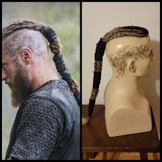 "This hairpiece is made of synthetic braided hair and has leatherlike wraps. The piece measures approximately 23\" from front to end of ponytail and the top is 5.5\" wide( individual pieces WILL vary) Perfect for Larp, cosplay renaissance costume. It's available with a SELF-ADHESIVE silicone pad which sticks to clean dry scalp... or...CLIPS to attach to your hair.   **PLEASE NOTE If your need clips please send photos, front and side of your hairline for a perfect fit. Perspiration may cause  sil Mens Long Undercut Hairstyles, Viking Leather Hair Wrap, Viking Hair Men, Viking Braids Men, Viking Wig, Viking Dreads, Fantasy Hairstyles, Warrior Braid, Warrior Battle