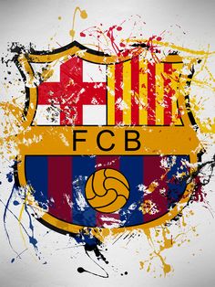 the logo for barcelona fc painted on a white wall with paint splattered around it