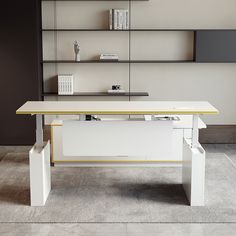 a white and yellow desk with shelves in the background