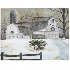 a painting of a farm in the snow with a wagon full of christmas wreaths