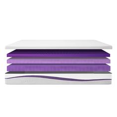 purple and white mattresses stacked on top of each other