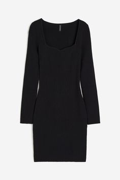 Short  fitted dress in a soft rib knit. Sweetheart neckline  fully fashioned section over bust  and long sleeves. Short Fitted Dress, Target Dress, Black Sweater Dress, Fully Fashioned, Neck Bodycon Dress, Maxi Knit Dress, Black Bodycon Dress, Black Sweater, Sweetheart Neck