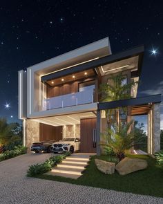 a car is parked in front of a modern house at night with stars above it