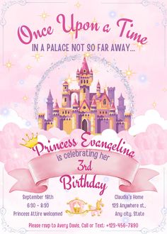 a princess birthday party flyer with a castle in the background