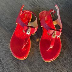 Michael Kids Sandals. Size 6.5 Worn Once, So Essentially Brand New. Red Casual T-strap Sandals For Spring, Casual Red T-strap Sandals For Spring, Red Open Toe T-strap Sandals, Red T-strap Sandals With Ankle Strap, Red Ankle Strap T-strap Sandals, Red T-strap Sandals With Round Toe For Summer, Red Sandals With Cushioned Footbed And Flat Heel, Red T-strap Sandals For Beach, Red Buckle Closure Sandals For Beach