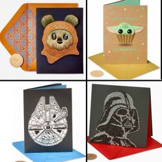 four different cards with star wars designs on them, one has a teddy bear and the other has a darth vader