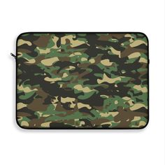 a green and brown camouflage print laptop case