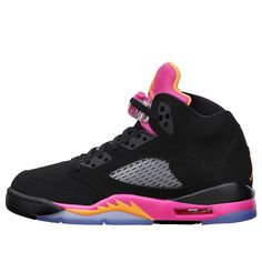 Hitting shelves in 1990, Air Jordan 5 combines the mesh side panels and a translucent sole. Taking inspiration from World War II fighter planes and Jordan’s biting style, Tinker Hatfield added “shark-teeth”  into the sneaker's design along the midsole.\n Jordan 5 Retro Pink, Jordan 5 Pink, Jordans For Kids, Jordan Shoes For Kids, Jordan 5s, Pink Basketball Shoes, Cute Jordans, Sky Shoes, Fire Shoes