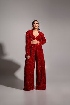 Introducing our stunning LIZA Sequin Set in RUBY – a dazzling combination that guarantees you'll be the centre of attention at any special event. This eye-catching duo merges the richness of ruby red velvet with intricate sequin details, creating a look that effortlessly balances opulence and modern style.The crop top, Red Blazer Outfit Night, Red Combination Outfits, Red Performance Outfits, Ruby Red Outfit, Ruby Outfit, Flow Fest, Andrew Davila, Sequin Bra Top, Sequin Set