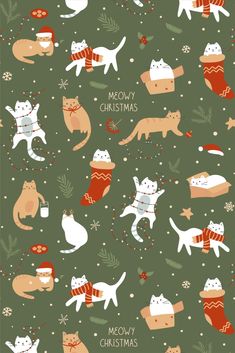 a green background with cats and christmas decorations