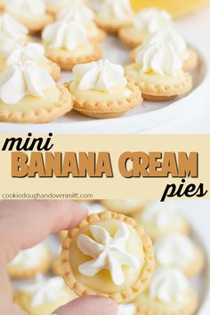 mini banana cream pies on a white plate with the text overlay reading mini banana cream pies