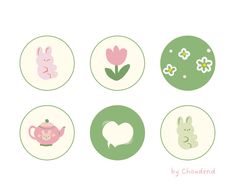 four different types of buttons with animals and flowers on them