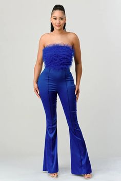 Introducing the highly coveted Royal Blue Satin Ruffled Front Jumpsuit. Sumptuous satin, this irrepressibly elegant piece is sure to be the statement-making piece for any occasion. Featuring a ruffled front for eye-catching detail, it has been designed with stretch for an unbeatable fit. Indulge in luxury and make a dazzling impression with this must-have jumpsuit. Royal blue Stretch Satin Chiffon Ruffled front Off shoulder Self: 96% Polyester 4% Spandex Contrast:100% Polyester Chiffon Ruffle, Stretch Satin, Blue Satin, Strapless Dress Formal, Royal Blue, Off Shoulder, Chiffon, Jumpsuit, Satin