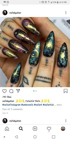 90s Whimsigoth Nails, Dark Witch Nails, Pagan Yule Nails, Green Galaxy Nails, Yule Nail Art, Wizard Nails, Whimsigoth Birthday, Green Witch Nails