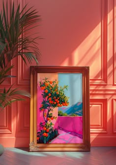 an orange tree in front of a pink wall with a potted plant next to it