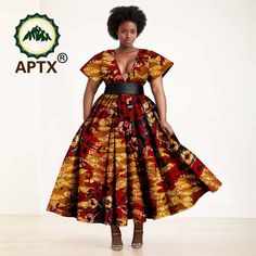 African Dresses Women's Ankara Printed Short Sleeve V-Neck With Belt And Ankle Dress Dashiki Casual Ankle Dress, African Dresses, African Dress, Printed Shorts, Ankara, V Neck, Womens Dresses, Dresses