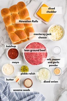 the ingredients needed to make hamburger sliders on a marble countertop with text overlay