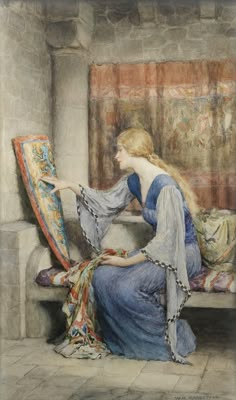 a painting of a woman sitting on a bench with a rug in her hand and looking at something