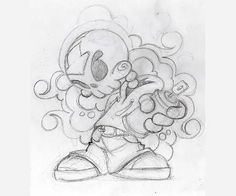 a pencil drawing of a cartoon character holding onto a pair of shoes with bubbles coming out of it