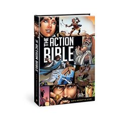 the action bible is shown in front of an image of various people and their faces