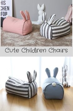 three different types of bean bag chairs with bunny ears on the front and back sides