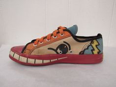 "Vintage 1960s multi color pop art shoes, canvas sneakers. Designed by Peter Max. All original with original laces. Made by Randy. Size 5. Actual measurements are: 10 1/4\" toe to heel across the soles 3 5/8\" across the soles widest point (ball of the foot) In very good condition with some color spots on the insoles." Peter Max Art, 1960s Shoes, Art Shoes, Max Fashion, Peter Max, Steve Martin, Vintage Sneakers, Shoes Canvas, Sneakers Athletic