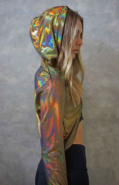 Holographic Gold Rush Cropped Pullover Sweatshirt from Love Khaos rave clothing website Rave Outfit Cold Weather, Holographic Shirt, Festival Fits, Rave Looks, Vampire Aesthetic, Character Clothing, Collar Bone, Rave Outfit, Cropped Pullover