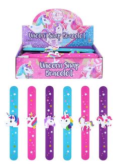 unicorn slap bracelets are in a box