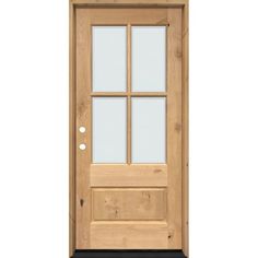 a wooden door with glass panels on the front and side panel, against a white background