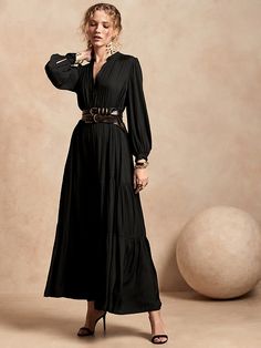 Satin Tiered Maxi Dress | Banana Republic Banana Republic Outfits, Maxi Dress Elegant, Classic Black Dress, Maxi Dress Outfit, Maxi Dress Black, Tiered Maxi Dress, Banana Republic Dress, Dress Elegant, Tiered Dress