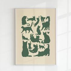 an image of cats on a white wall with shadows from the window behind it and in front of them is a green silhouette